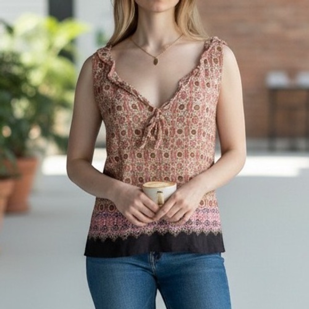 Y2K Tapemeasure Silk Blouse Wmn 10 Pink Brown Geometric Ruffle vintage cami top